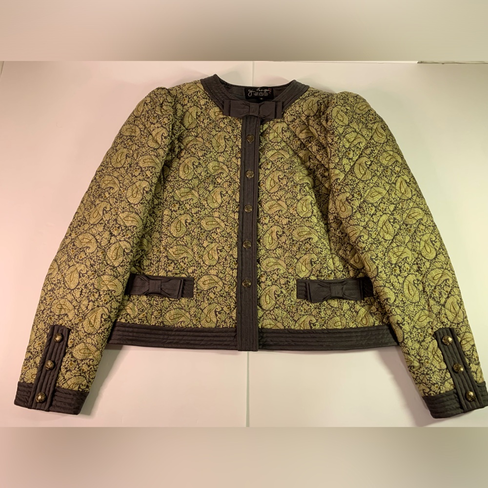 Jim Thompson 100% Silk Vintage Quilted Jacket, paisley gold buttons, green, 70s